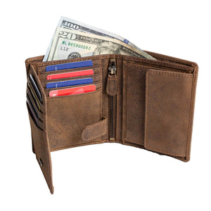 DiLoro Men's Vertical Leather Bifold Flip ID Zip Coin Wallet in Dark Hunter Brown with strong RFID Protection