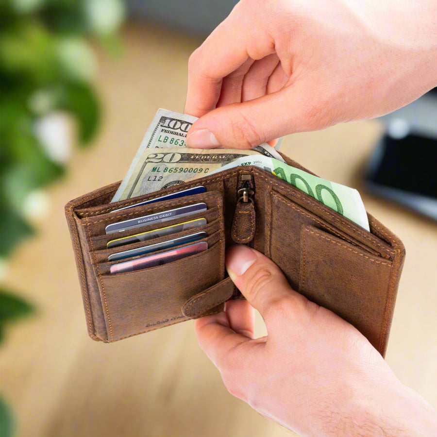 DiLoro Men's Leather Wallet – RFID Blocking Bifold With ID Window & Coin Zip – Bugatti Tan, Large Full Size - View #10