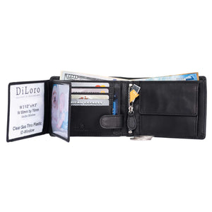DiLoro Men's Leather Bifold Flip ID Zip Coin Wallet with RFID Protection - Black