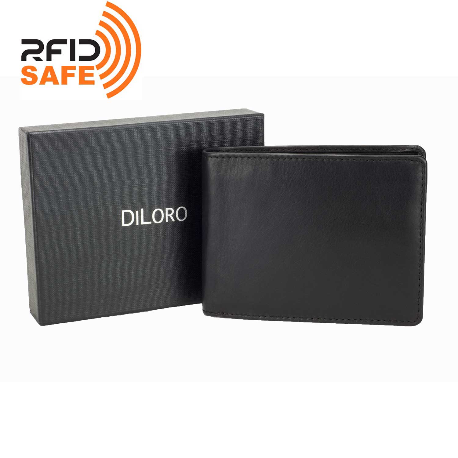 DiLoro Men's Leather Bifold Flip ID Zip Coin Wallet with RFID Protection in Black. Full grain nappa leather - best quality leather! SKU 1808 with DiLoro Gift Box.