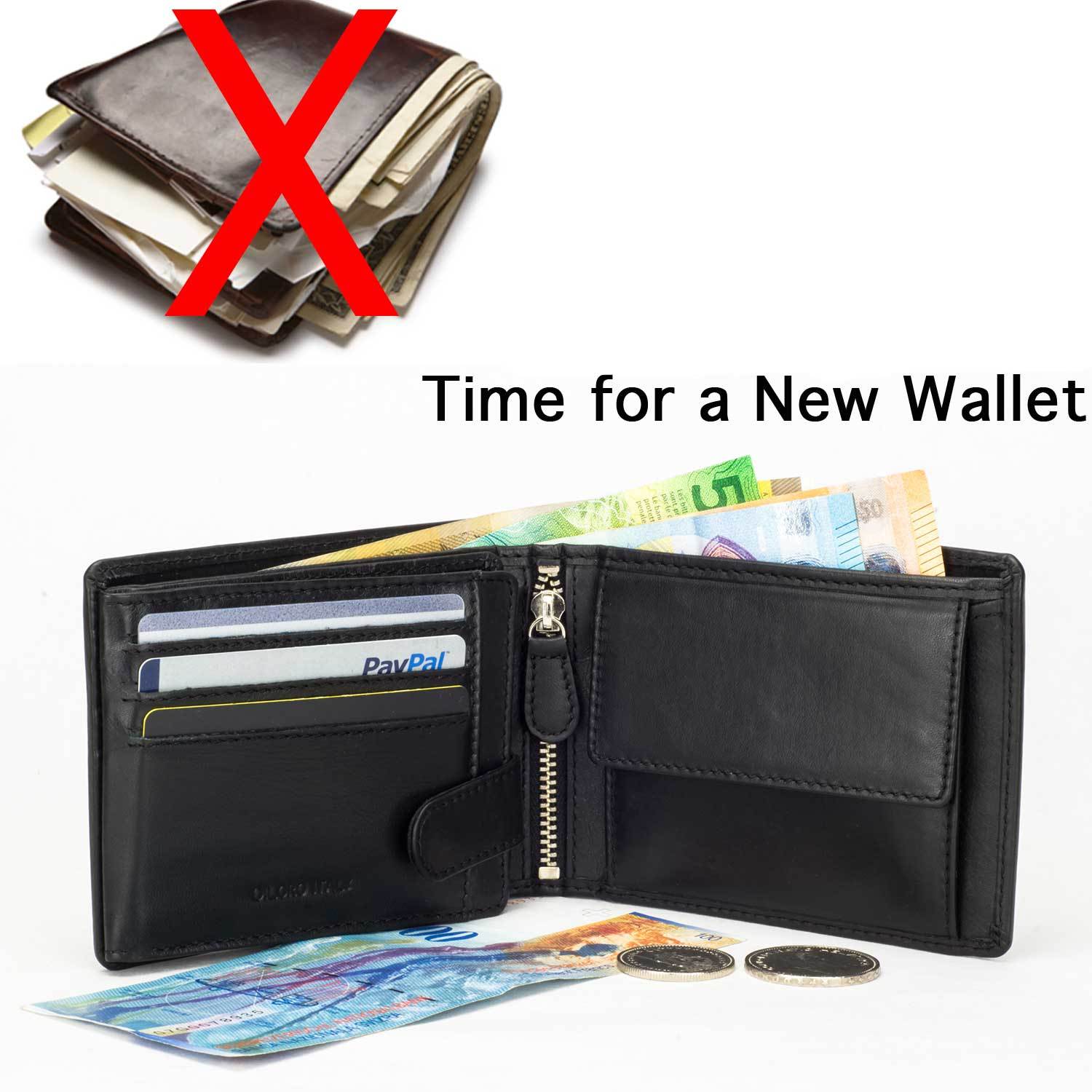 DiLoro Men's Leather Bifold Flip ID Zip Coin Wallet with RFID Protection in Black. Don't overstuff your wallet!