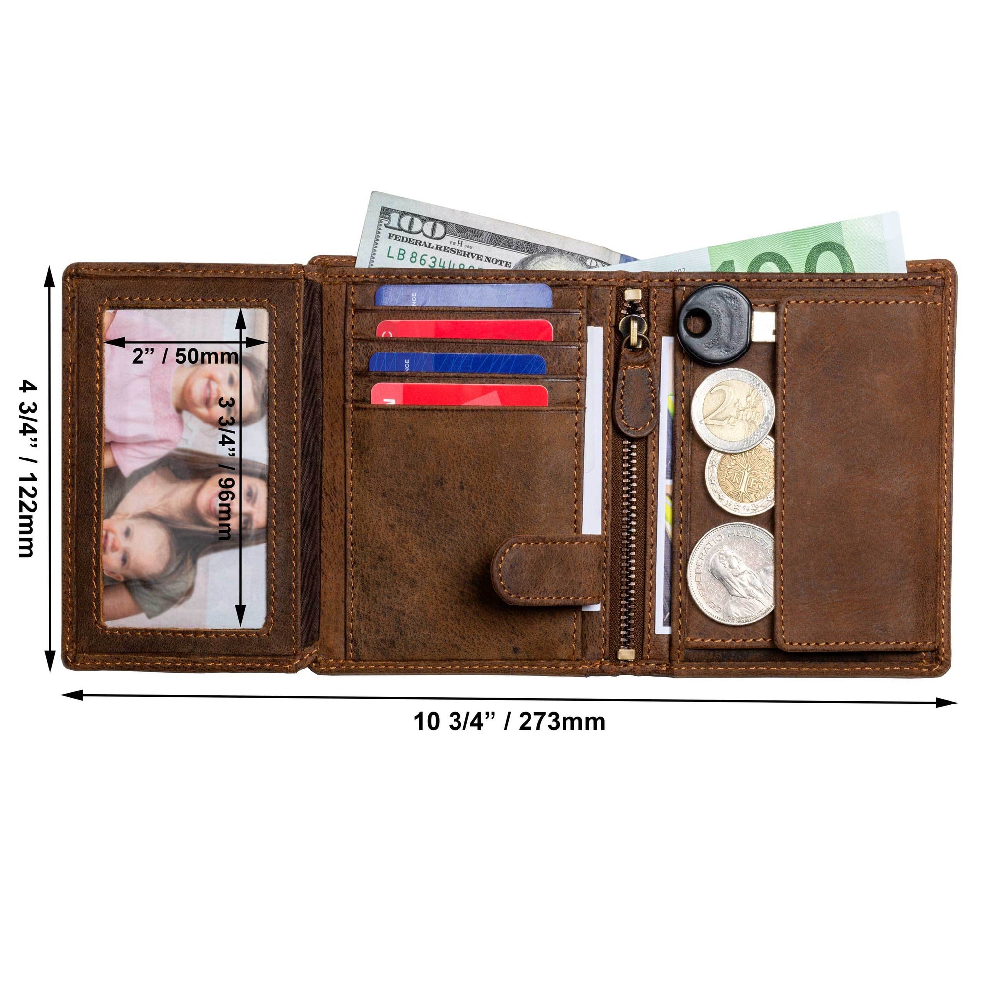 DiLoro Men's Vertical Leather Bifold Flip ID Zip Coin Wallet Dark Hunter Brown RFID Blocking Technology - Inside, Open View with Dimensions