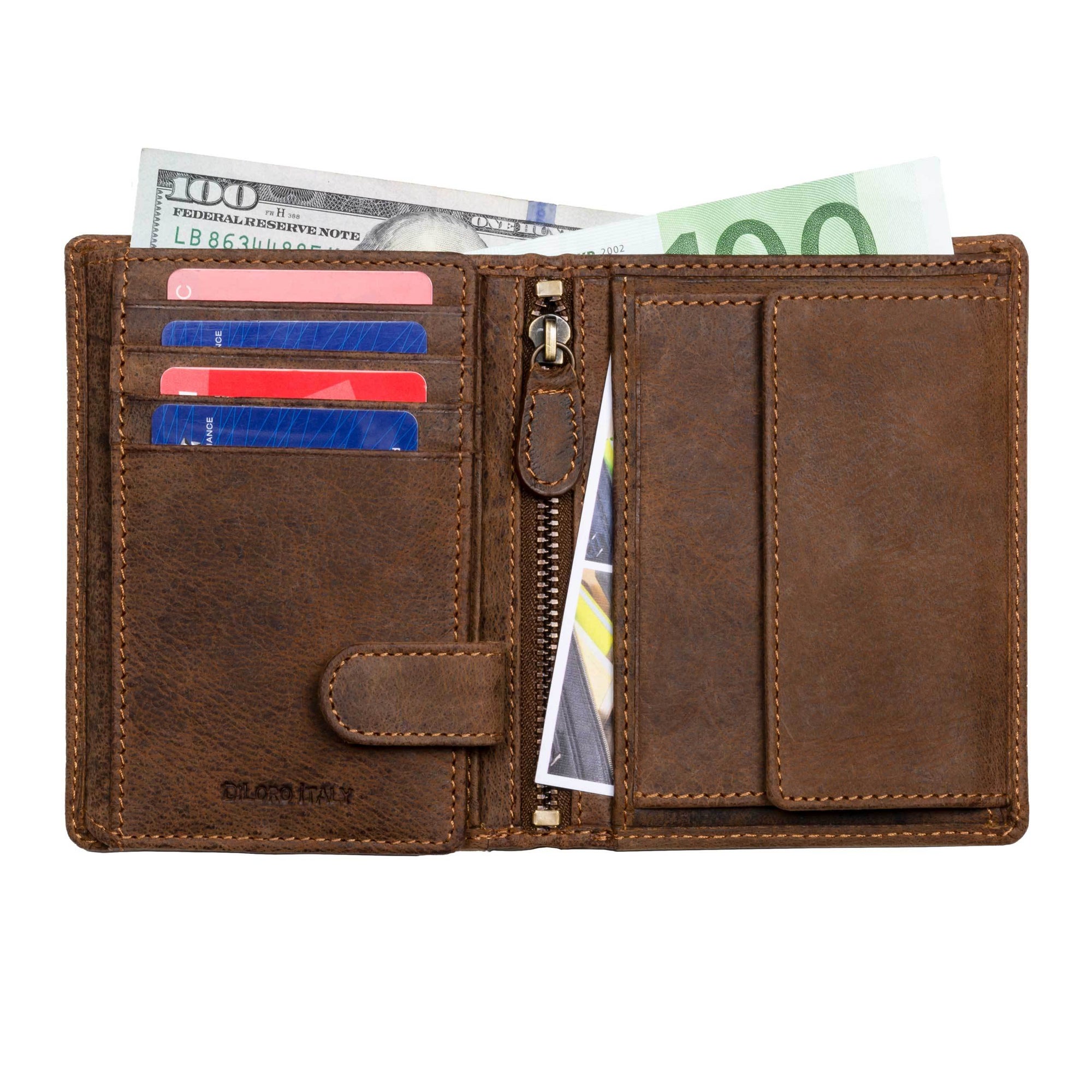 DiLoro Men's Vertical Leather Bifold Flip ID Zip Coin Wallet Dark Hunter Brown RFID Blocking Technology - Inside, Half Open View with Cash