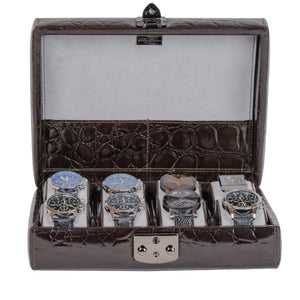DiLoro Italian Leather Travel Watch Case Holds Eight Watches Brown Croc Print - Open Front (watches not included)
