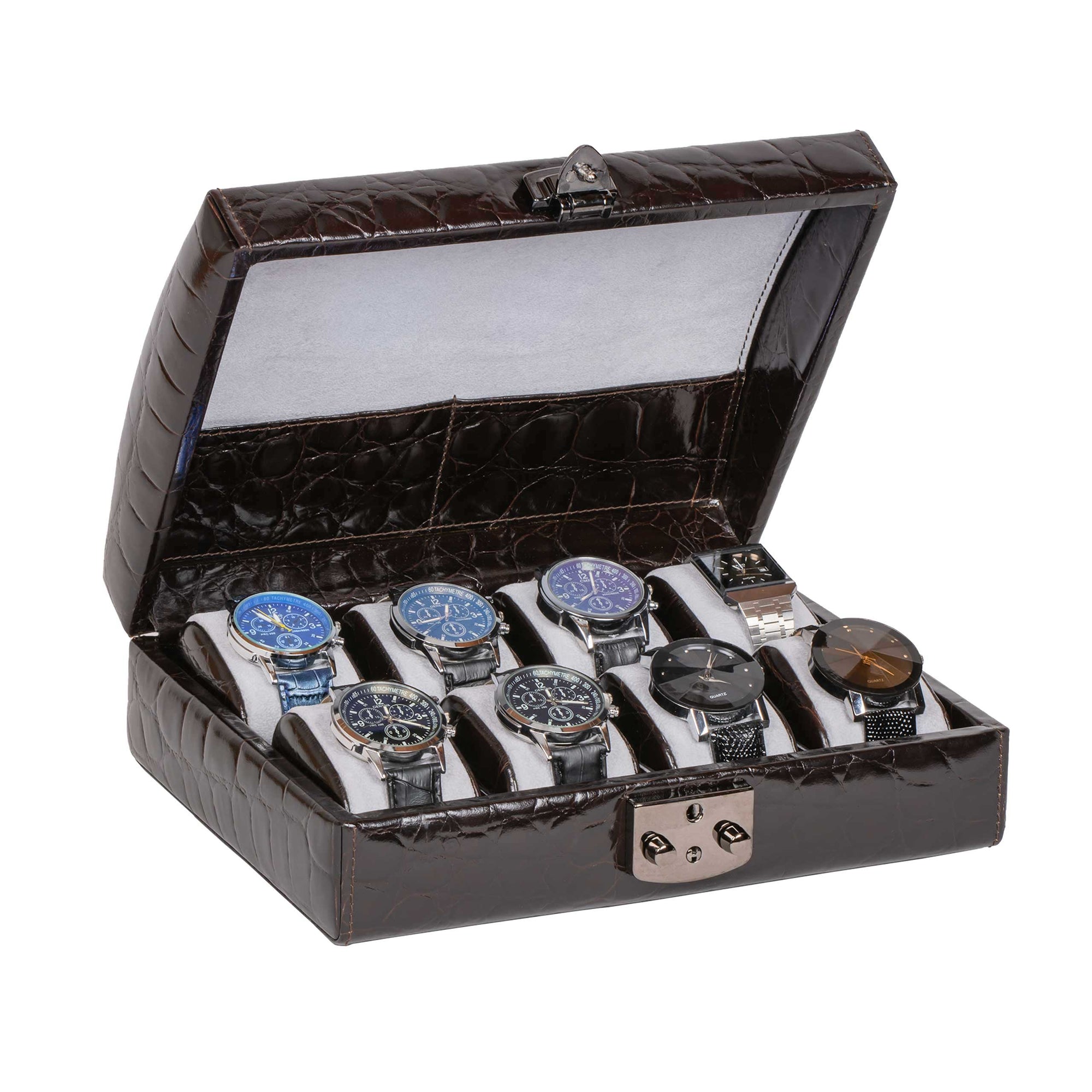 DiLoro Italian Leather Travel Watch Case Holds Eight Watches Brown Croc Print - Open, inside view with watches (not included)