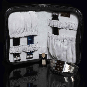 DiLoro Black Zippered Italian Leather Travel Watch Case for 4 Watches Made in Italy - Dimensions - Inside View on Black