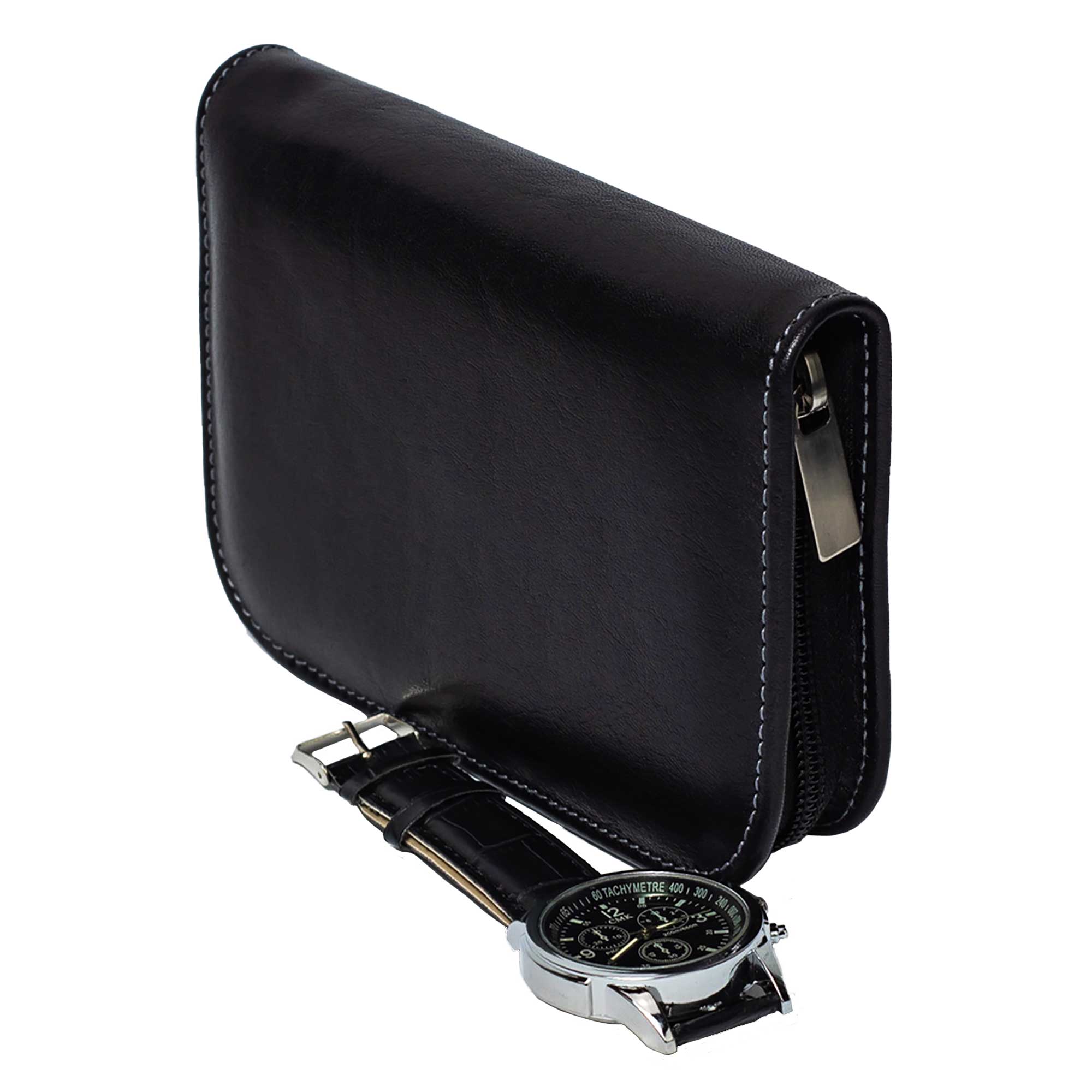 DiLoro Italian Leather Black Zippered Travel Watch Case for 4 Watches Made in Italy - Side View