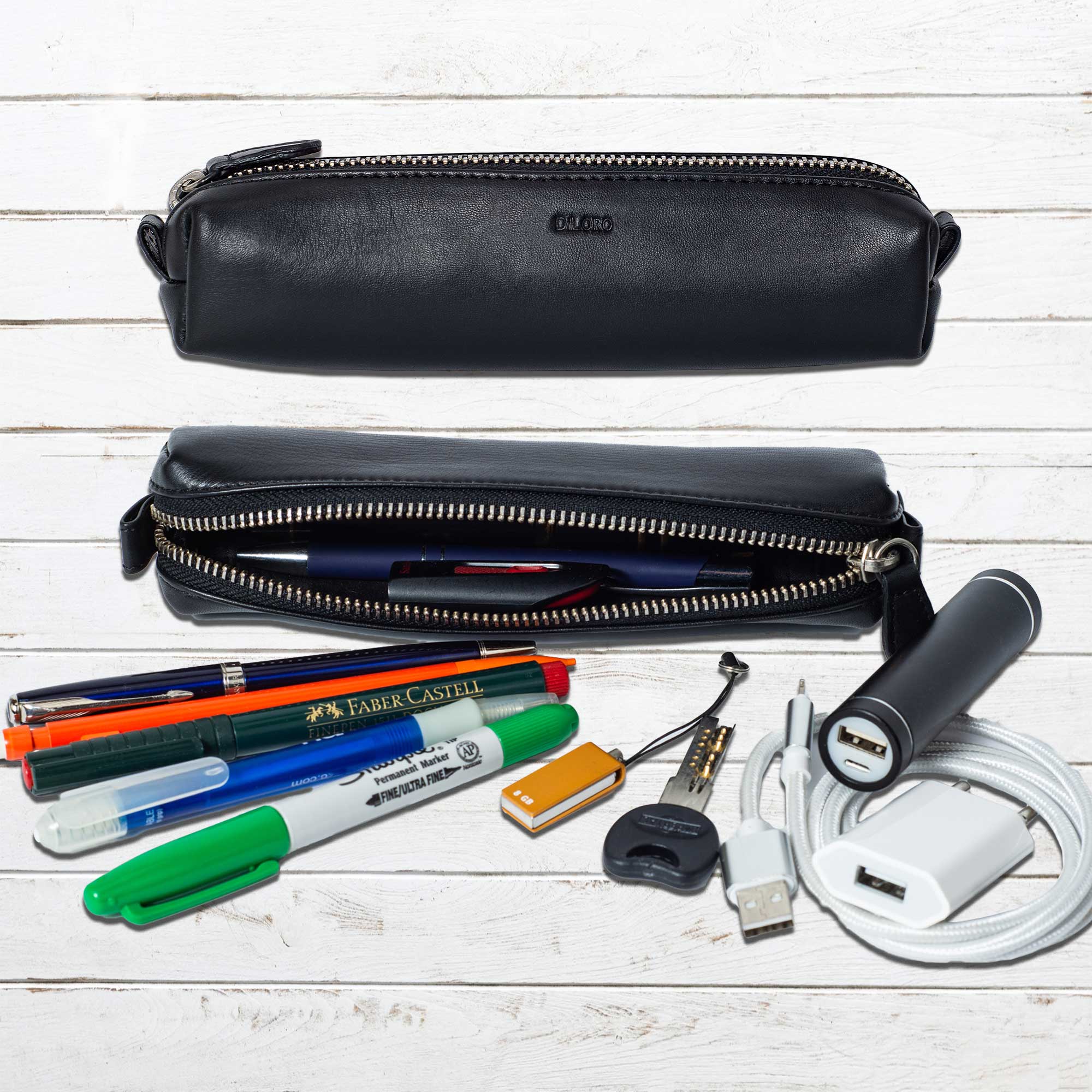 DiLoro Pen & Pencil Case: YKK zippered pencil, pen case made from top quality, full grain black nappa leather.