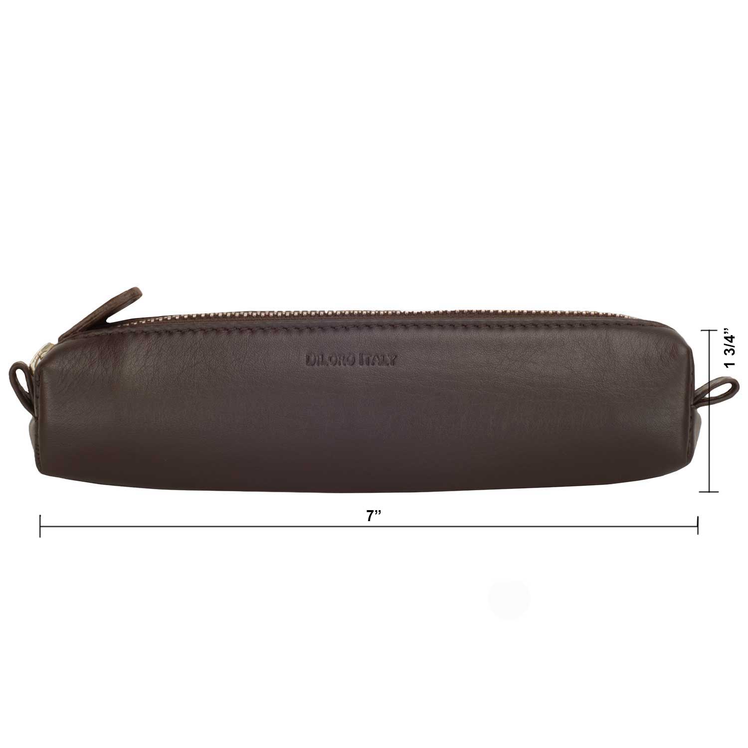 Multi-Purpose Zippered Leather Pen Pencil Case Pouch in Various Colors - Dark Brown (dimensions)