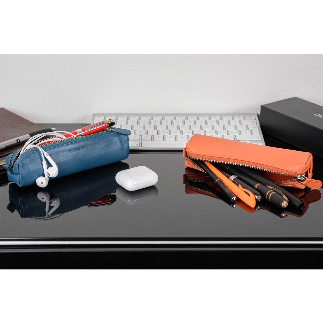 DiLoro Pen & Pencil Case: Color Sololin Blue and Orange with YKK zippered pencil, pen case made from top quality, full grain nappa leather.