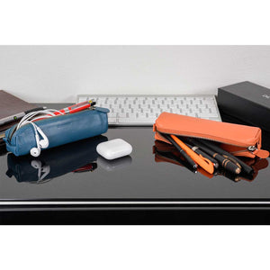 DiLoro Pen & Pencil Case: Color Sololin Blue and Orange with YKK zippered pencil, pen case made from top quality, full grain nappa leather.
