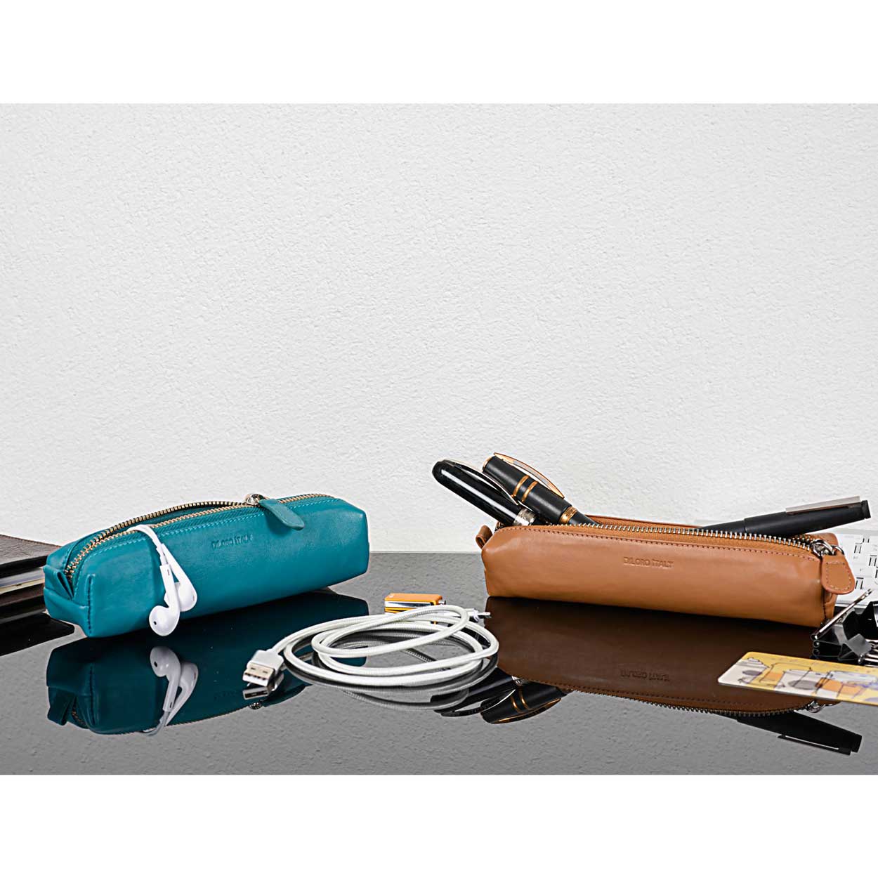 DiLoro Pen & Pencil Case: Color Turquoise Green and V-Tan with YKK zippered pencil, pen case made from top quality, full grain nappa leather.