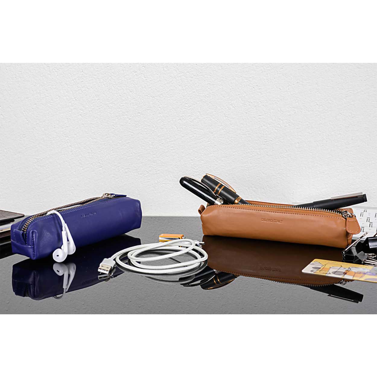 DiLoro Zippered Three or Four Fountain Pen Pencil Holder in Full Grain Leather Bugatti Tan