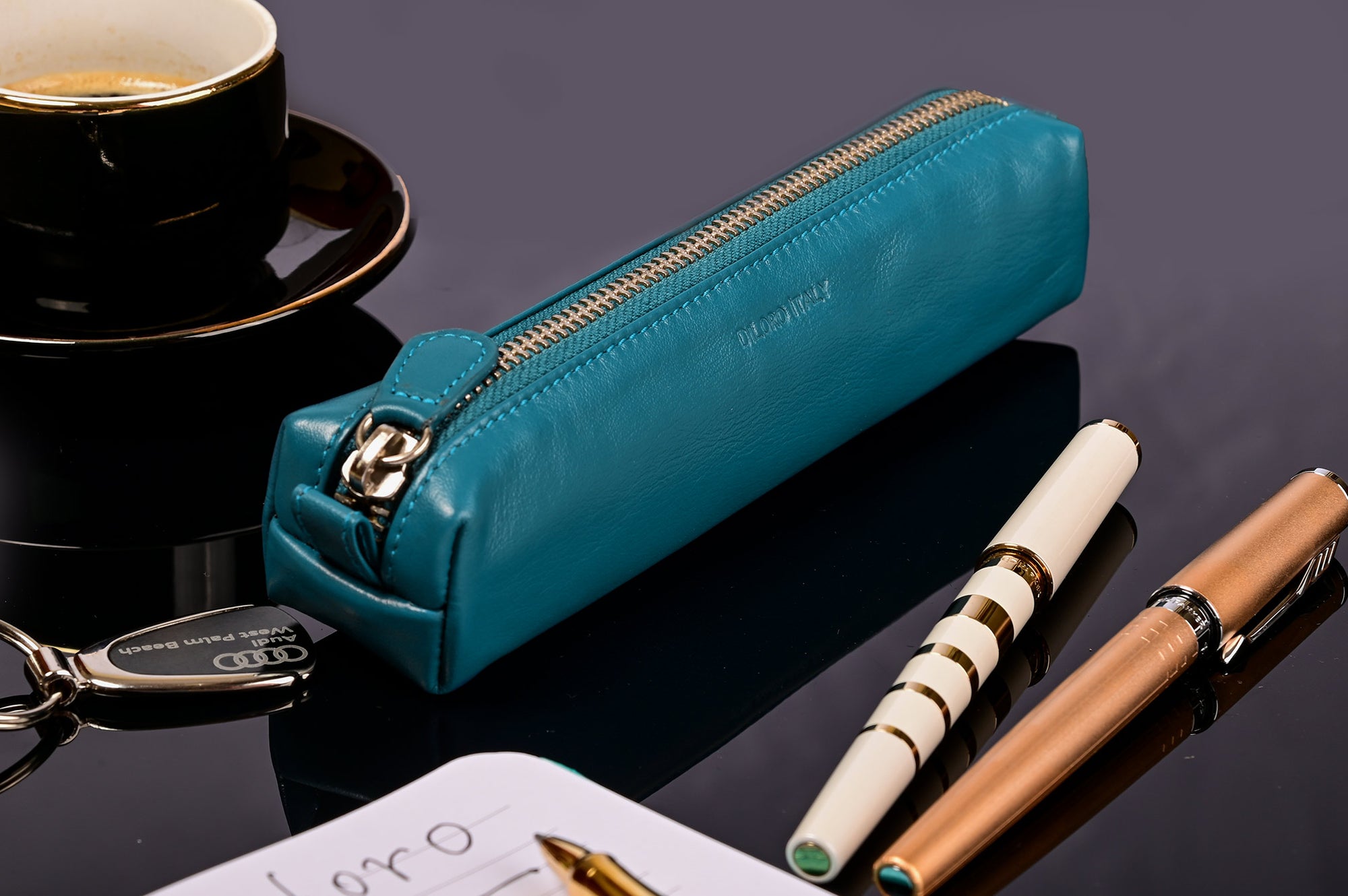 Multi-Purpose Zippered Leather Pen Pencil Case in Blue - Lifestyle Image