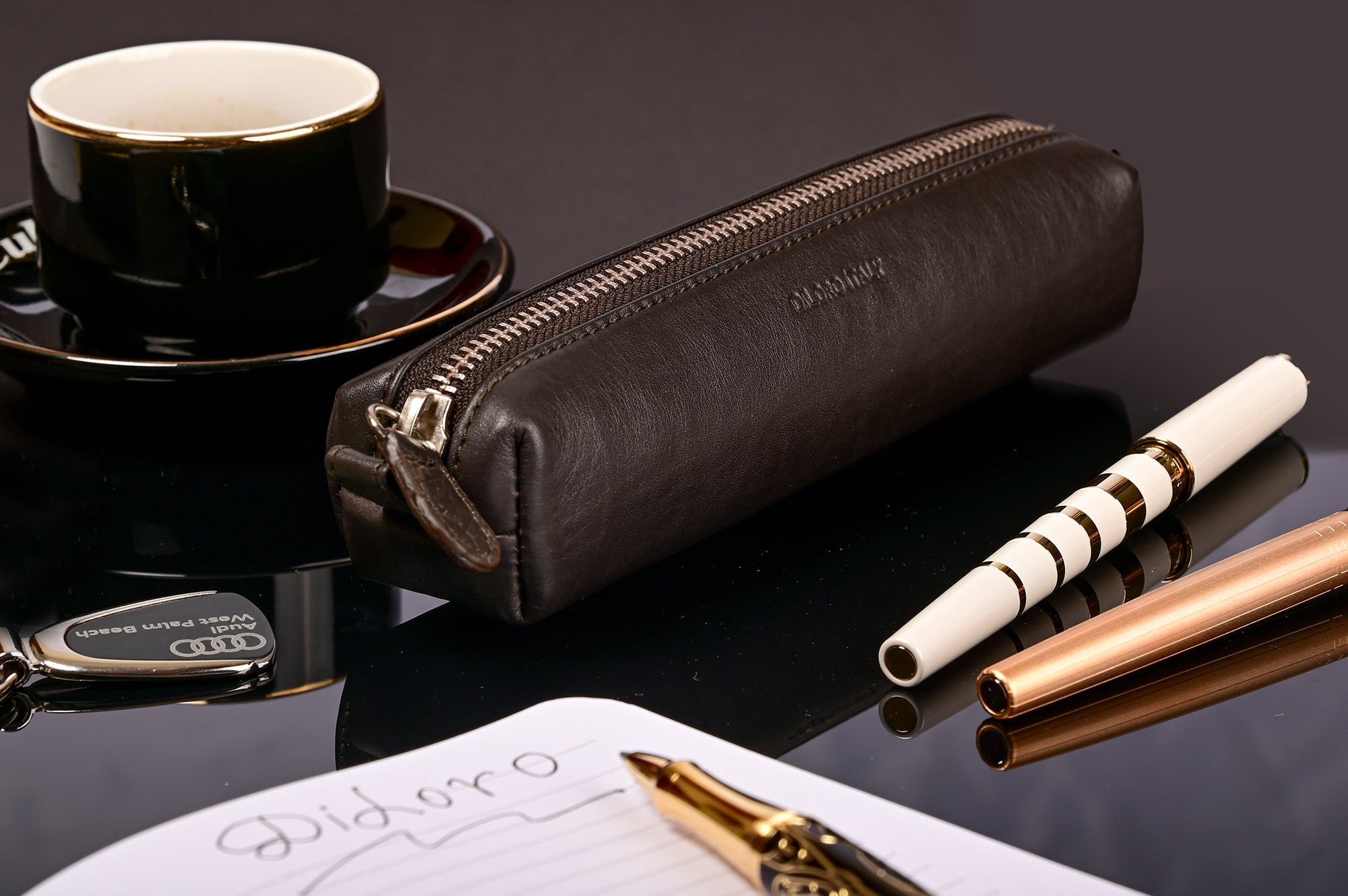 Multi-Purpose Zippered Leather Pen Pencil Case Pouch in Dark Brown - Lifestyle Image