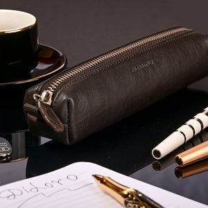 Multi-Purpose Zippered Leather Pen Pencil Case Pouch in Dark Brown - Lifestyle Image