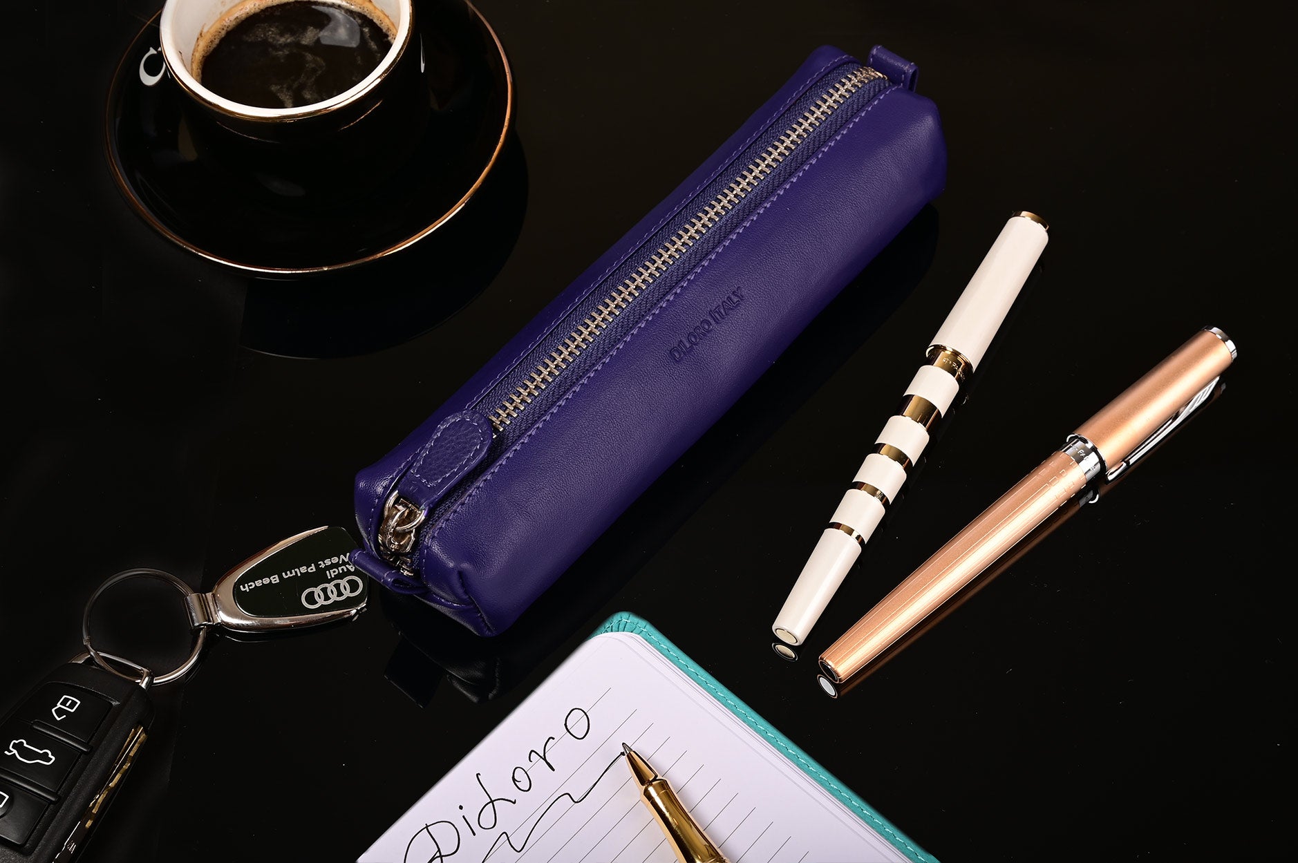 Multi-Purpose Zippered Leather Pen Pencil Case in Violet - Lifestyle Image
