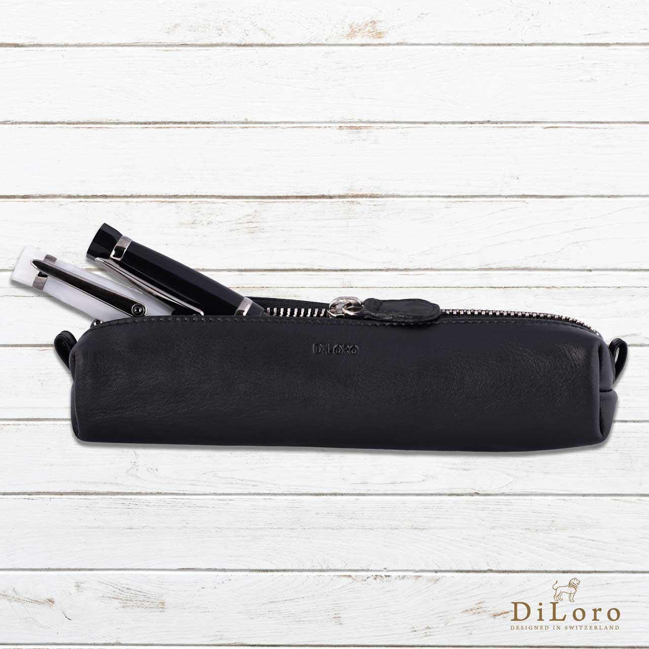DiLoro Leather Zippered Fountain Ballpoint Rollerball Pens and Pencils Case Holder Pouch Genuine Full Grain Soft Nappa Leather (Red)
