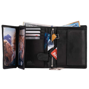 DiLoro Men's Vertical Leather Bifold Flip ID Zip Coin Wallet Black with RFID Protection - Fully Open View with Double Clear See-Thru  ID/Photo Windows