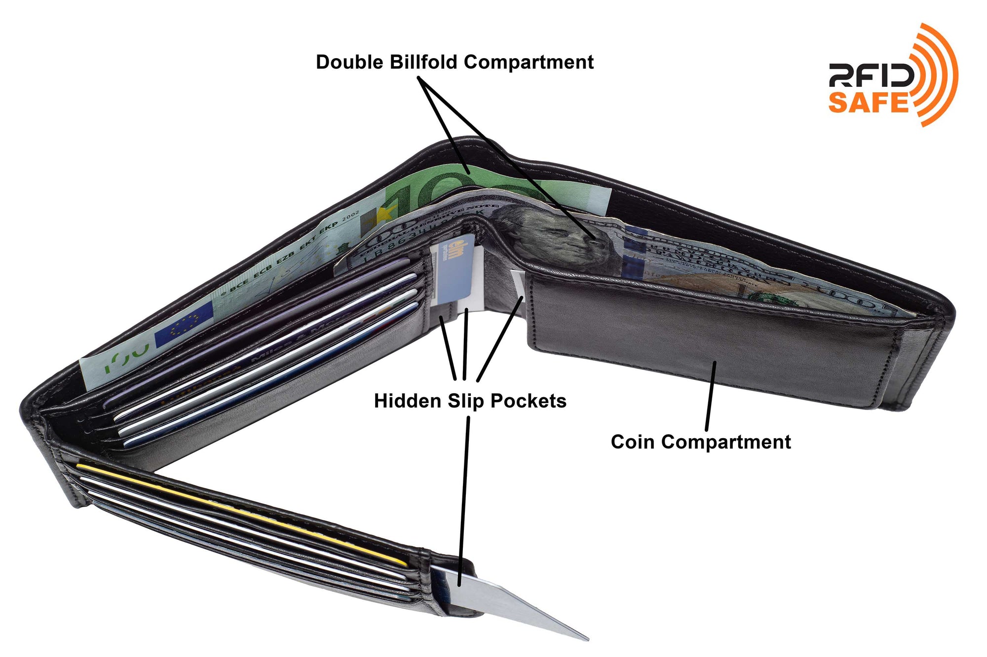 DiLoro Men's Leather Bifold Wallet with Flip ID, Coin Wallet and RFID Blocking Technology - fully open, top view showing double billfold and hidden slip pockets of the wallet