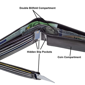 DiLoro Men's Leather Bifold Wallet with Flip ID, Coin Wallet and RFID Blocking Technology - fully open, top view showing double billfold and hidden slip pockets of the wallet