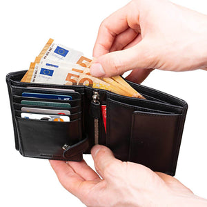Men's Large Leather Wallet RFID Vertical 2.0 Black - Half Open Euros
