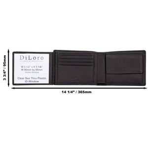 DiLoro Men's Leather Bifold Wallet with Flip ID, Coin Wallet and RFID Blocking Technology showing dimensions of the wallet fully open.