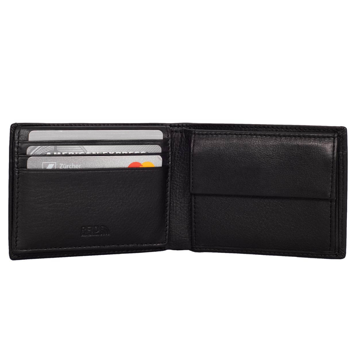 Compact Mens Leather Wallet with Coin Compartment in Midnight Black - Inside View