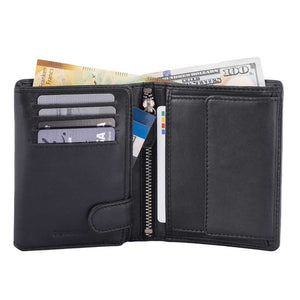 DiLoro Men's Vertical Leather Bifold Flip ID Zip Coin Wallet Black with RFID Protection  - Half Open View