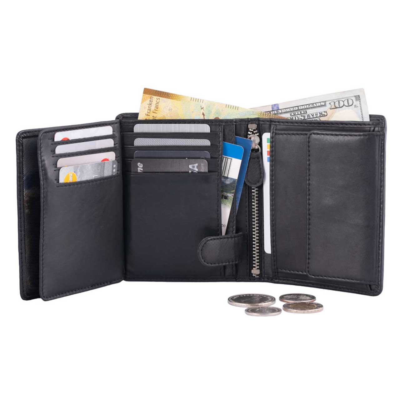 DiLoro Men's Vertical Leather Bifold Flip ID Zip Coin Wallet Black with RFID Protection - Fully Open View w/Coins