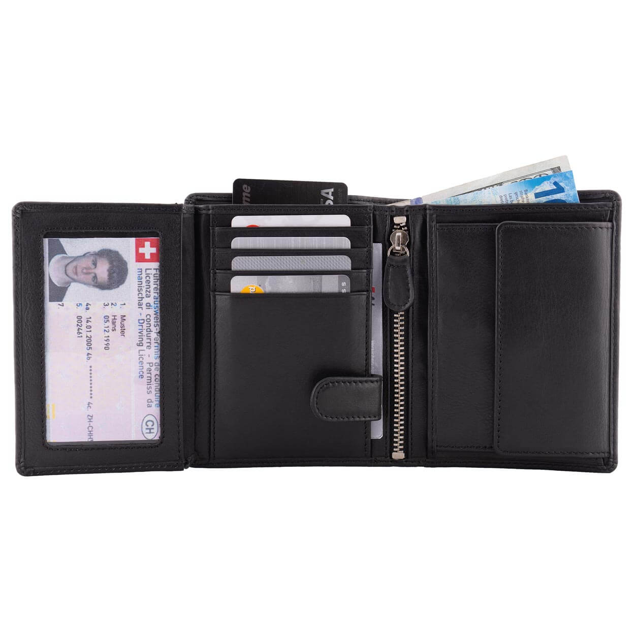 Men's Large Leather Wallet RFID Vertical 2.0 Black - Full Open