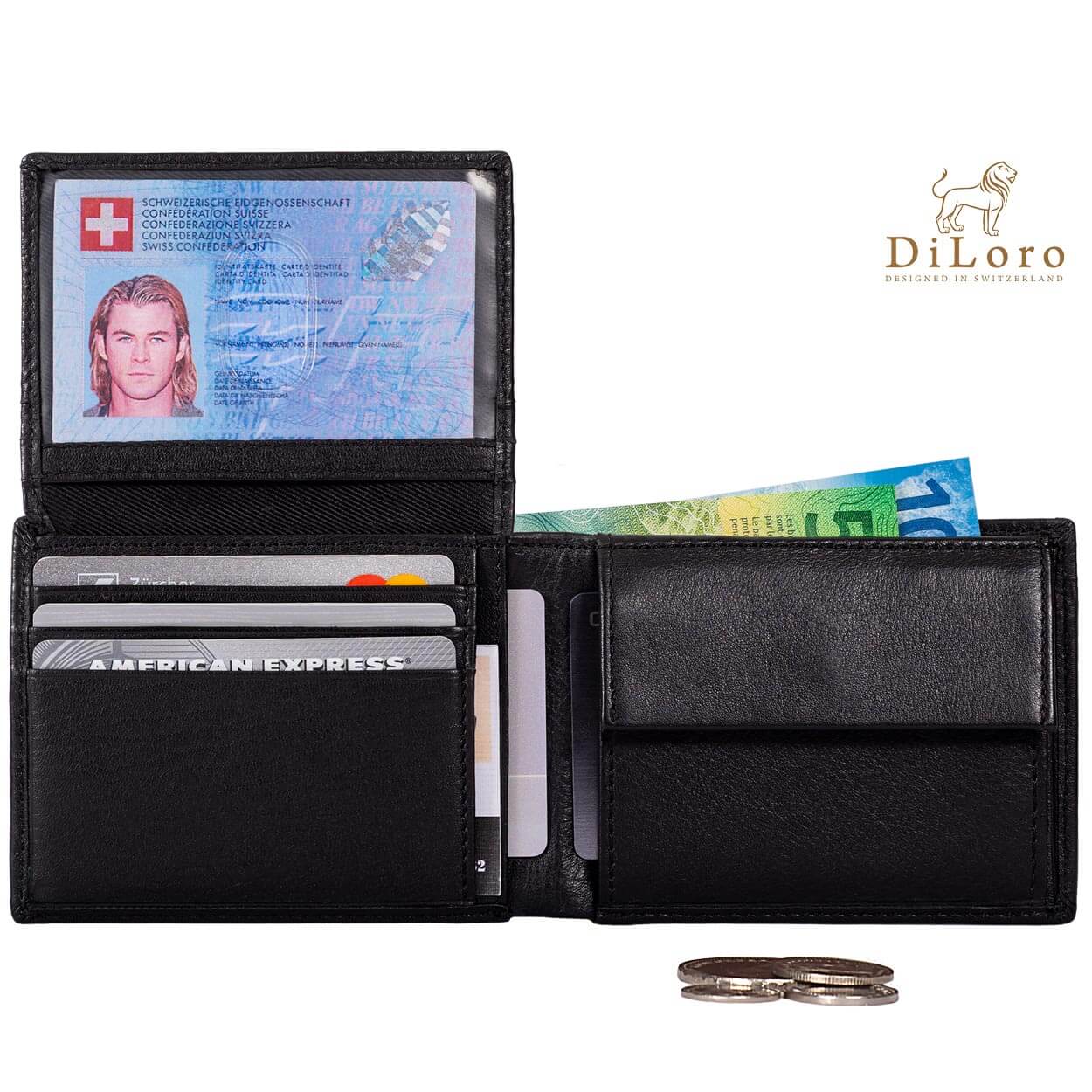 Compact Mens Leather Wallet with Coin Compartment in Midnight Black - Open View