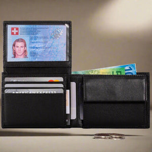 Compact Mens Leather Wallet with Coin Compartment in Midnight Black - Open View