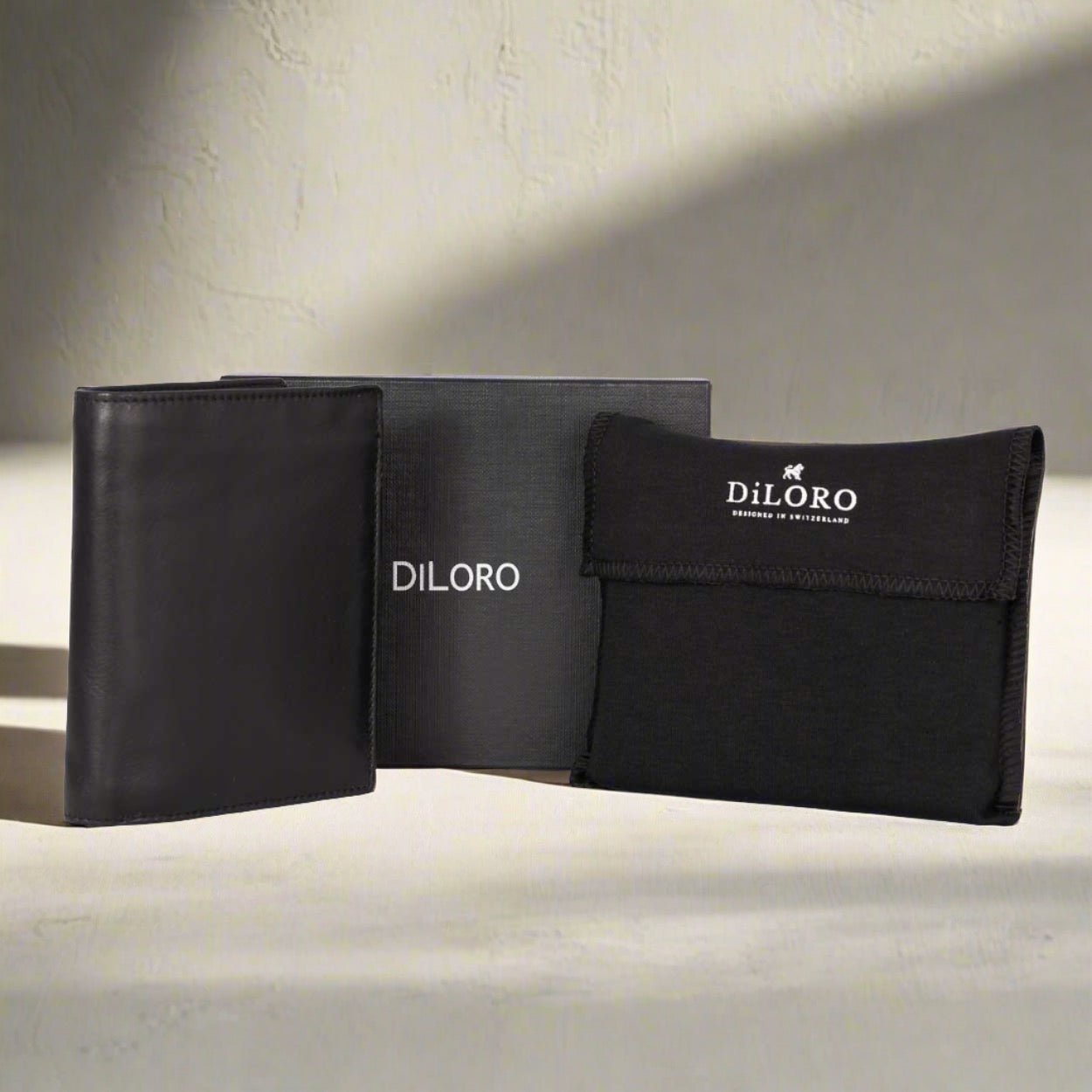 DiLoro Men's Vertical Leather Bifold Flip ID Zip Coin Wallet Black with RFID Protection - With DiLoro Dust Bag and Gift Box