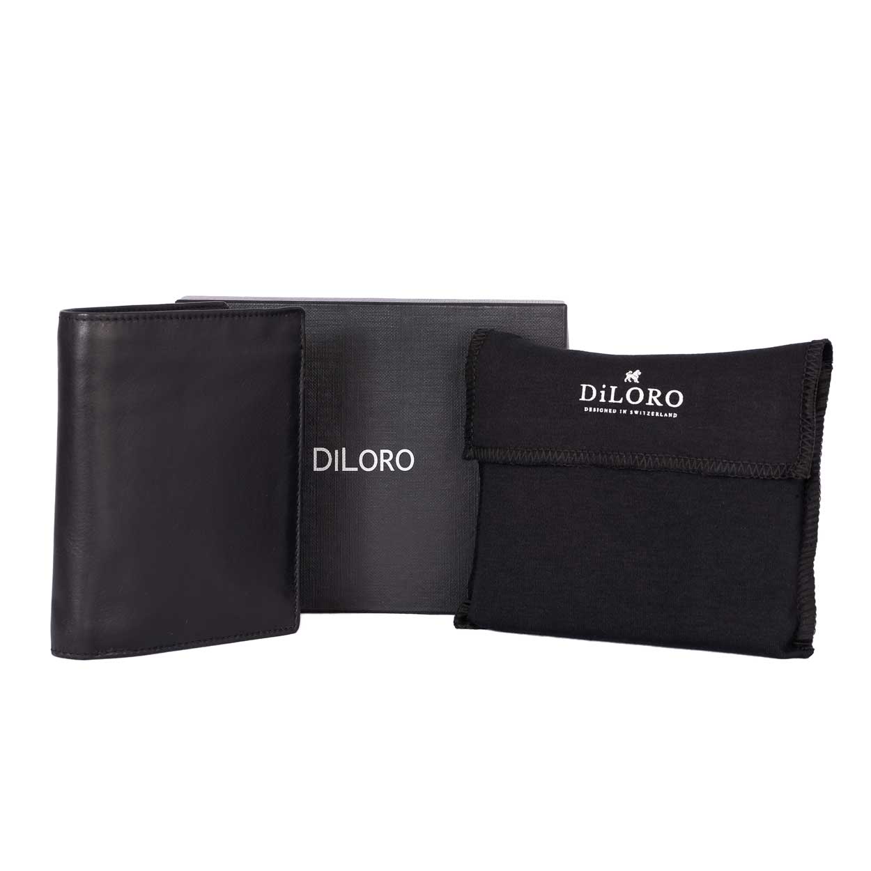 DiLoro Men's Vertical Leather Bifold Flip ID Zip Coin Wallet Black with RFID Protection - With DiLoro Dust Bag and Gift Box