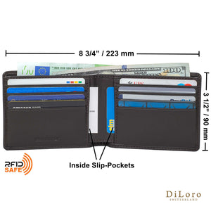 Wallet by DiLoro Italy Leather Ultra Slim Bifold Mens Wallet RFID Blocking - Dark Brown (dimensions & layout)