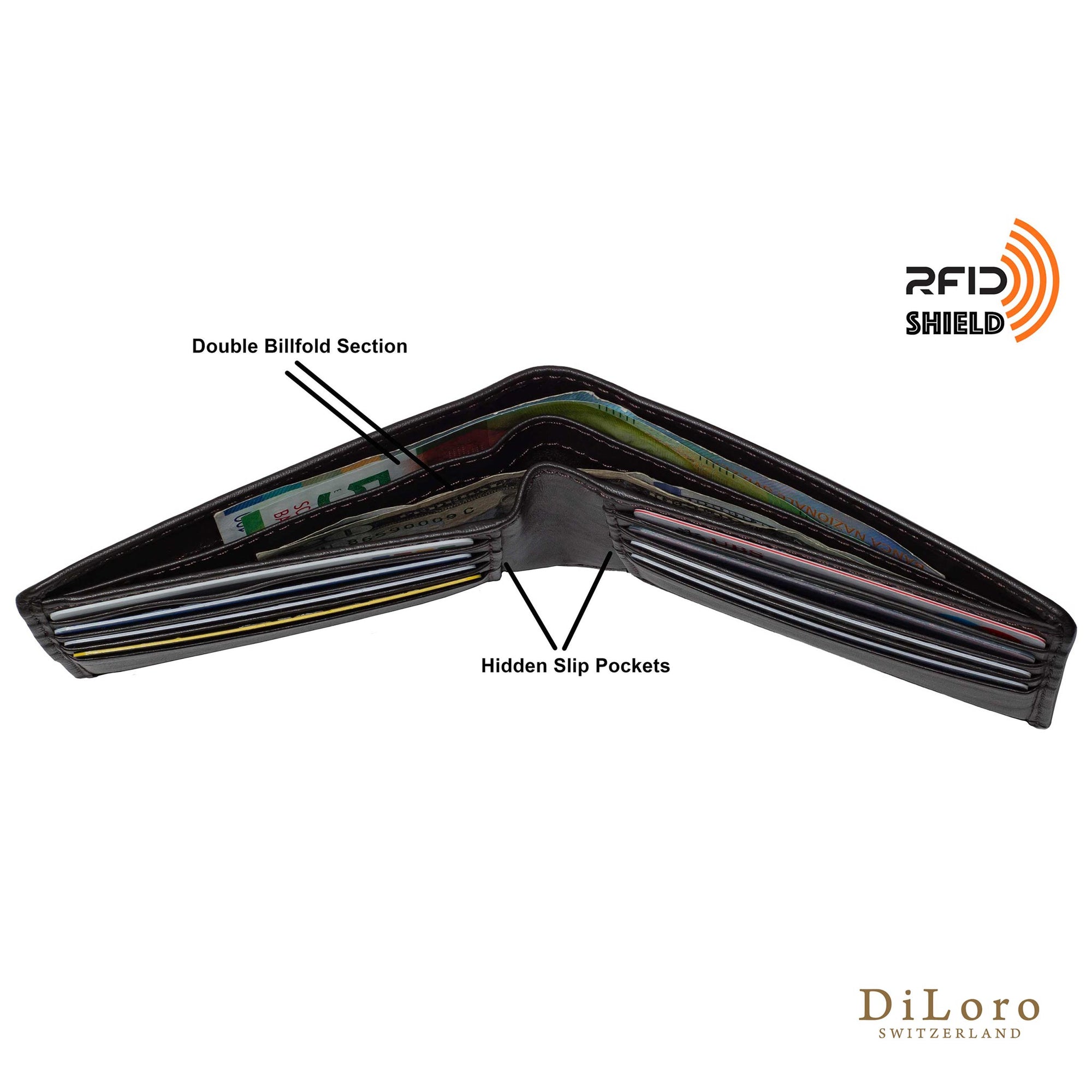 Wallet by DiLoro Italy Leather Ultra Slim Bifold Mens Wallet RFID Blocking - Dark Brown (double billfold view & slip pockets)