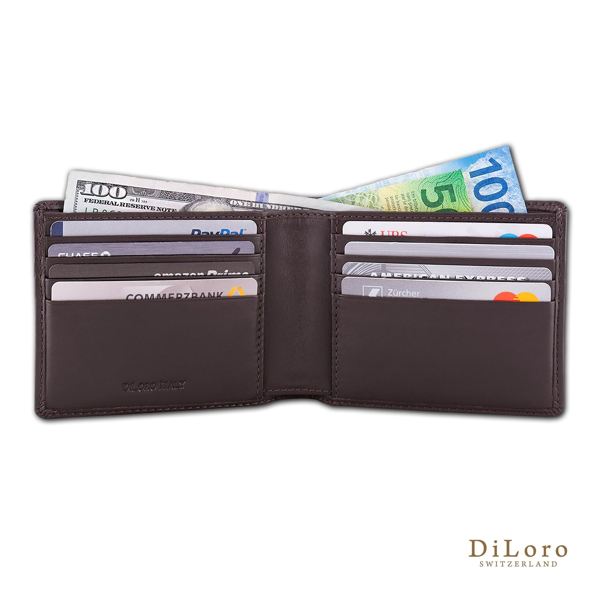 Wallet by DiLoro Italy Leather Slim Bifold Men's Wallet RFID Blocking - Dark Brown (half open)