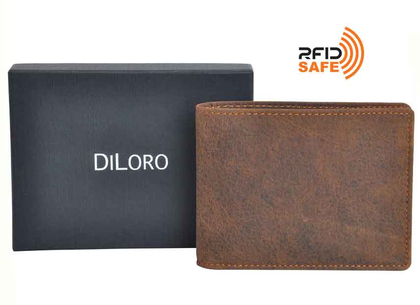 Wallet by DiLoro Italy Leather Ultra Slim Bifold Mens Wallet RFID Blocking - Dark Hunter Brown