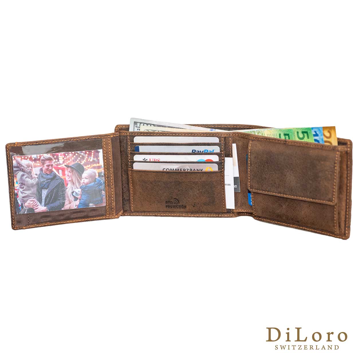 DiLoro Italy Men's Leather Wallet RFID Blocking Genuine Full Grain, Vegetable Tanned Leather, Bifold Flip Coin Wallet, Dark Hunter Brown - Full Open View