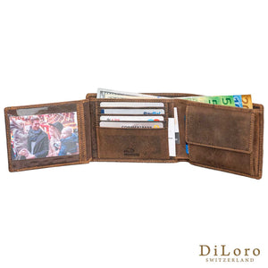 DiLoro Italy Men's Leather Wallet RFID Blocking Genuine Full Grain, Vegetable Tanned Leather, Bifold Flip Coin Wallet, Dark Hunter Brown - Full Open View