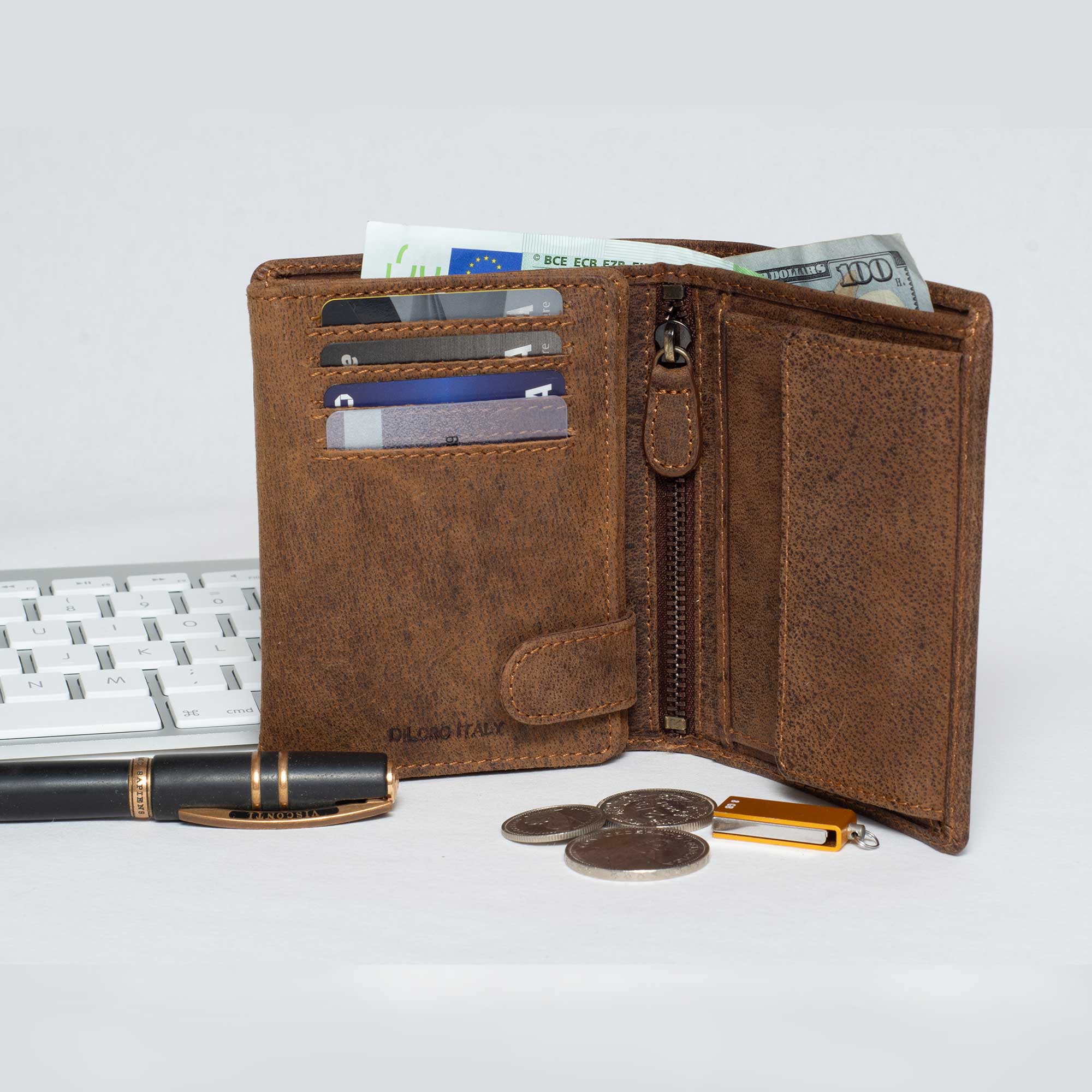 DiLoro Men's Vertical Leather Bifold Flip ID Zip Coin Wallet Dark Hunter Brown RFID Save with Visconti Pen and Keyboard