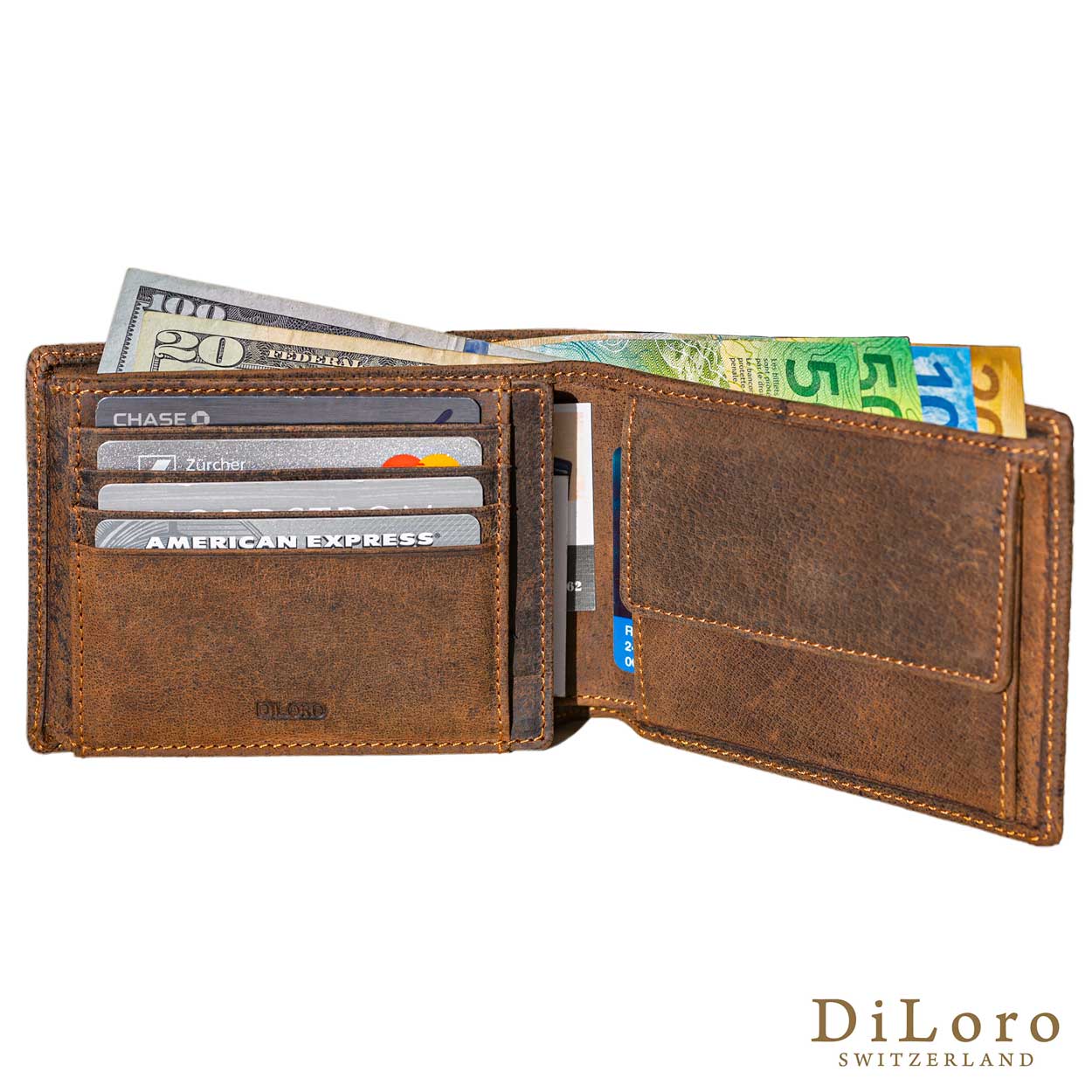 DiLoro Men's Leather Wallet RFID Blocking Genuine Full Grain, Buffalo Leather, Bifold Flip Coin Wallet, Dark Hunter Brown - Half Open View