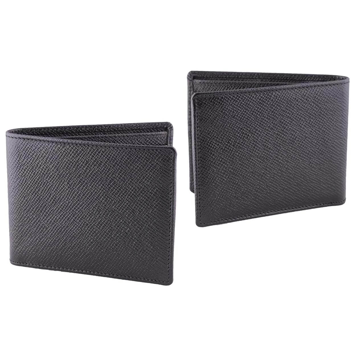 DiLoro Men's Saffiano Style Slim Bifold Leather Wallet in Firenze Black - Front  and Back Outside View