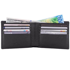 DiLoro Men's Saffiano Style Slim Bifold Leather Wallet in Firenze Black - Inside, Open View