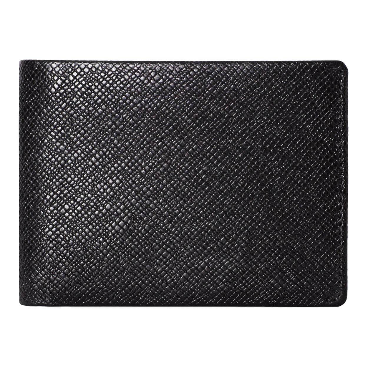 A slim bifold wallet made from genuine Saffiano leather with RFID blocking technology and two ID windows - Front View