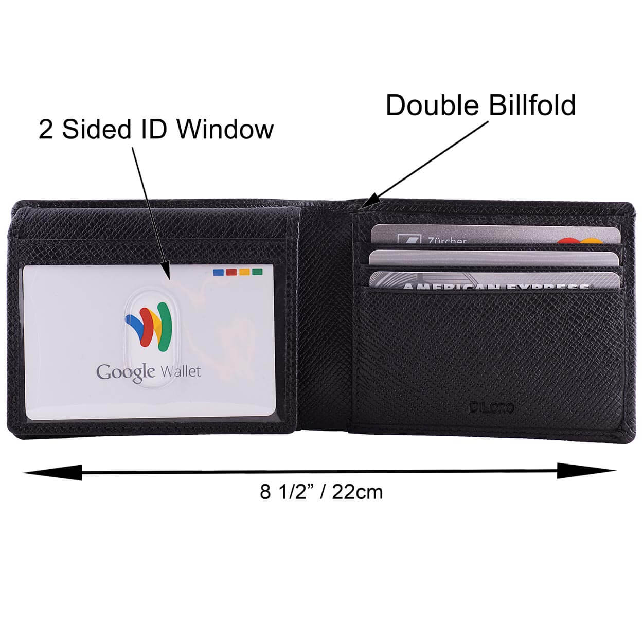A slim bifold wallet made from genuine Saffiano leather with RFID blocking technology and two ID windows - Dimensions and Features