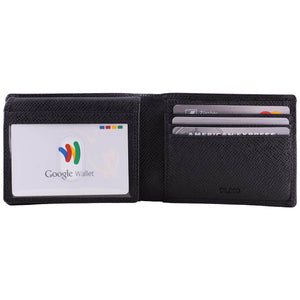 A slim bifold wallet made from genuine Saffiano leather with RFID blocking technology and two ID windows. Open Inside View