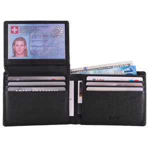 A slim bifold wallet made from genuine Saffiano leather with RFID blocking technology and two ID windows - Open View ID Window Open (cash not included)