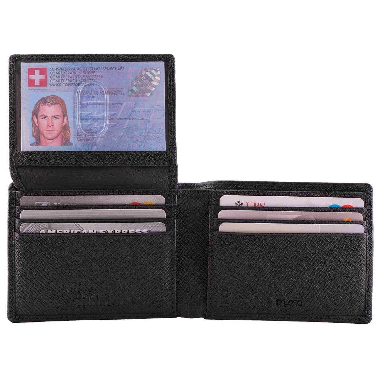 A slim bifold wallet made from genuine Saffiano leather with RFID blocking technology and two ID windows - Open View with ID Window Open